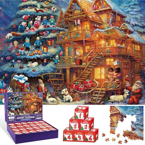 Advent Calendar 2024 Christmas Jigsaw Puzzle - Christmas Community,24 Parts 1008 Piece Jigsaw Advent Calendar 2024,Great Christmas Countdown for Adults and Kids,Exquisite Christmas home decoration.