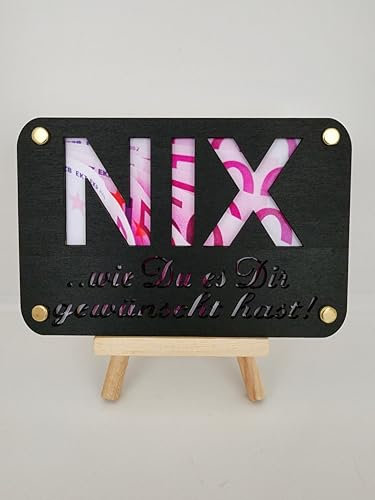 Designbysh Geldgeschenk, NIX, Geburtstagskarte, Präsent, Aufmerksamkeit aus Holz im Kleinformat, Kreatives Geldgeschenk Verpackung, Coole Geldkarte Geburtstag (schwarz)