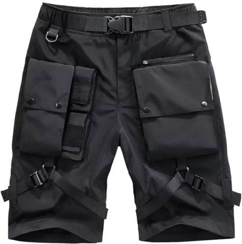 Pantaloncini tattici neri al ginocchio per uomo multi tasche hip hop streetwear, Nero , XS