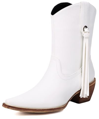 Roimaash Donna Frangia Cowgirl Polacchine Block Tacco Medio Western Stivaletti Squere Toe Nappe Cowboy Sposa Stivali Cuoio White Size 38