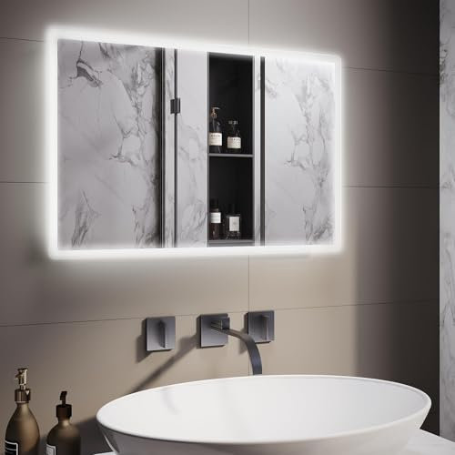 SVNR Badspiegel mit Beleuchtung,40x60cm LED Spiegel Bad,Wandspiegel für Badezimmer,Aluminiumrahmen,Explosionsgeschütztes Glas,Kanten aus mattiertem Glas,IP44 energiesparend