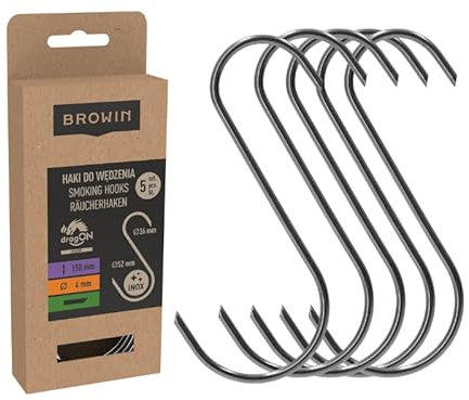 Browin® Traditionelle Raucherhaken 311321 | Haken in S Form - 5 Stück | Hochwertige Edelstahlhaken für authentisches Räuchern | Klassische Fleischhaken | 150 mm, fi 3 mm