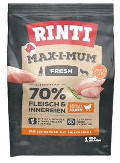 Rinti - Max-i-Mum | Trockenfutter für ausgewachsene Hunde mit 70% Fleisch & Innereien. Getreidefreies Alleinfutter im Beutel mit ausgewogenem Protein-/Fett-Verhältnis | 7x1kg Huhn