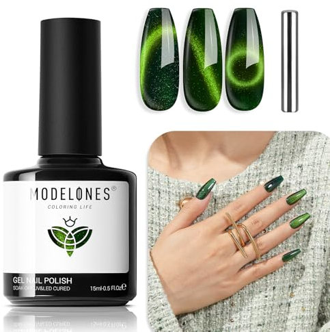 MODELONES UV Nagellack Cat Eye 15 ML, Grüner Gellack mit Magnet, Cat Eye Uv Gel, Glitter Gelnagellack Soak Off Reflective Gel Magnetic Nail Polish für Frauen und Mädchen