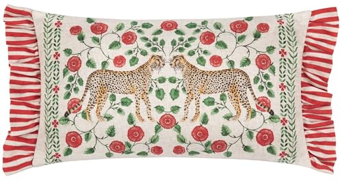 furn. Wylder Tropics Okara Leopards Printed Ruffle Feather Rich Cushion - Linen/Red - 30x50cm