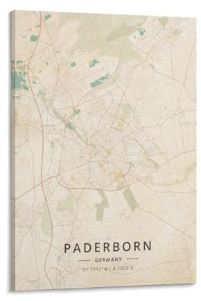 LZTEN Paderborn Deutschland-Karten-Poster, Vintage-Druck, Poster für Zimmer, Ästhetik, Leinwand, Wandkunst, Poster und Druckrahmen, 60 x 90 cm