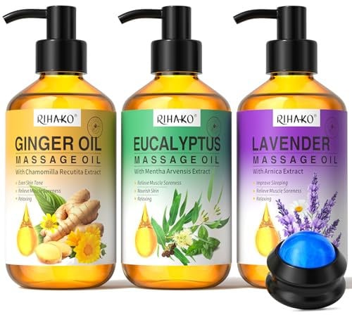 Set de aceites de masaje para terapia de masaje, drenaje linfático, aceite de jengibre, aceite de lavanda, aceites de masaje de eucalipto para músculos doloridos y bola de masaje, 3 x 100 ml