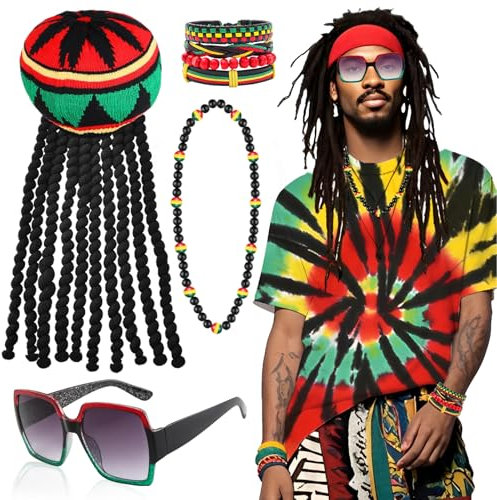 Set di 5 accessori per costume Rasta Giamaica Reggae Kit con cappuccio per parrucca Dreadlocks, colore batik, maglietta Rasta occhiali da sole collana intrecciato bracciale per uomini donne carnevale