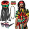 5 Stück Rasta Kostüm Zubehör Set, Jamaika Reggae Outfit Kit mit Dreadlocks Perückenkappe BatikfärbungT-Shirt Rasta Sonnenbrille Halskette Geflochtene Armband für Männer Frauen Karneval Cosplay Party
