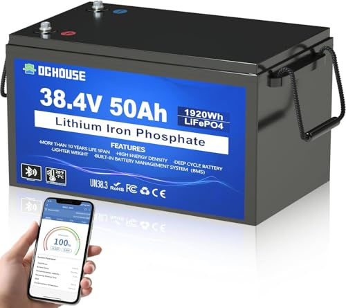 DCHOUSE 36V 50Ah Lifepo4 Lithium Batterie mit integriertem 2C 100 A Bluetooth-BMS, Niedrigtemperatur-Abschaltung, Deep-Cycle-Batterie für Trolling-Motor, Boot, Marine, Golfwagen, Wohnmobil