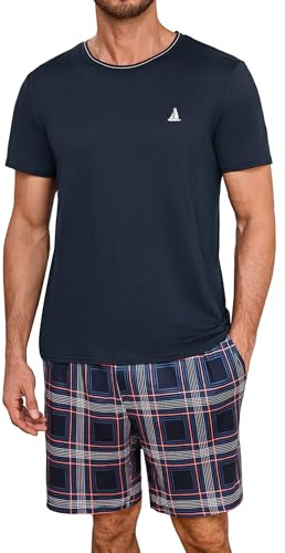 Jahetuul Schlafanzug Herren kurz Schlafhose Karomuster Pyjama Sommer Rundhals Schlafanzüge für Herren Pyjamashort Nachtwäsche Männer