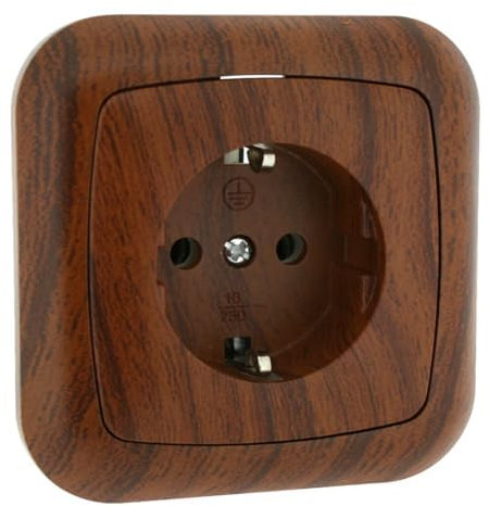 Enchufe empotrable de madera con conexión T.T.L., perfecto para embellecer interiores y soportar dispositivos eléctricos. Ideal para decoración moderna.