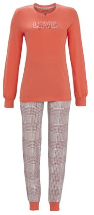 Ringella Damen Pyjama Langarm – Schlafanzug aus 100% Baumwolle, Lange Karierte Hose mit elastischem Bund & Strickbündchen, Statement-Print „Love Yourself“, weich & hautfreundlich