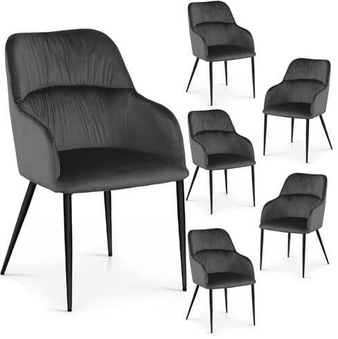 Nizzenithal Esszimmerstühle mit dickem Samtstoff gepolsterter Sitz, Metallbeinen, Armlehnen und Rückenlehne Eckstuhl für Lounge Wohnzimmer(Dunkelgrau,6)