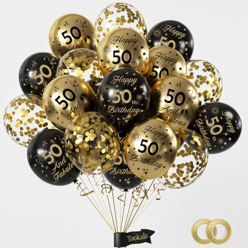 Tookala 50. Geburtstag Deko Luftballons Gold, 15 Stück Schwarz Gold Konfetti LuftBallons, 50th Happy Birthday Ballons, 50. Geburtstag Deko Jubiläum Partydeko Frau Damen Herren