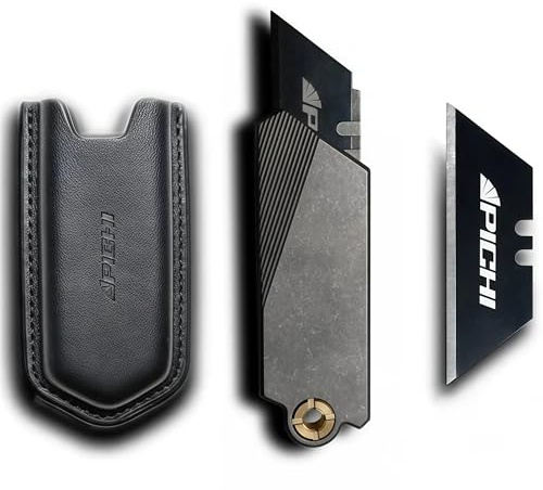 PICHI G9 Titanium Utility Knife with Cow Leather Holster and Pocket Clip, CNC Unibody Quick Change Blade, Button Lock, for Men Women Outdoor, Hiking, Camping, with 10 Replaceable Blades 1 Holster Clip