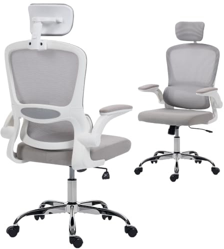 HOMCOM Ergonomic Office Chair High Back Mesh Home Office Grey | Computer Desk Chair, Adjustable Headrest, Lumbar Support, Flip-up Armrests