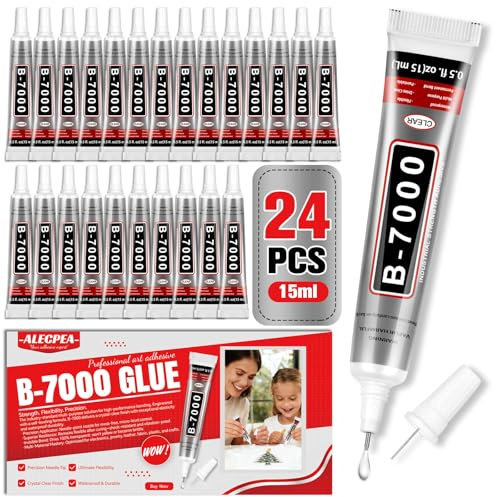 ALECPEA B7000 Glue, 15ml x 24 for Bedazzling | Clear precision adhesive for rhinestones, jewelry parts, fabric accents, phone cases, and group DIY projects.