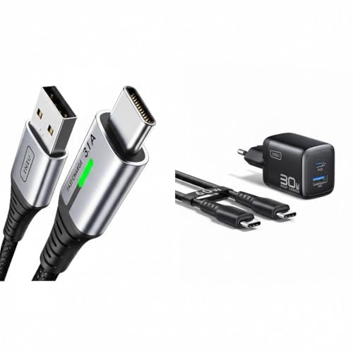 INIU 30W USB C Ladegerät [USBC + USBA] Schnellladegerät mit Kabel & INIU USB C Kabel 2m, Typ C 3,1A Handy Ladekabel USB auf USB C Schnellladekabel