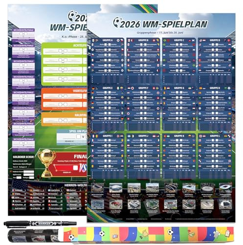 AhfuLife Fußball Spielplan Poster - Fussball Planer Wiederverwendbar - Enthält 48 Mannschaften Gruppen Knockout und Finale alle Ergebnisse der Spiele (A2 - Gerollt)