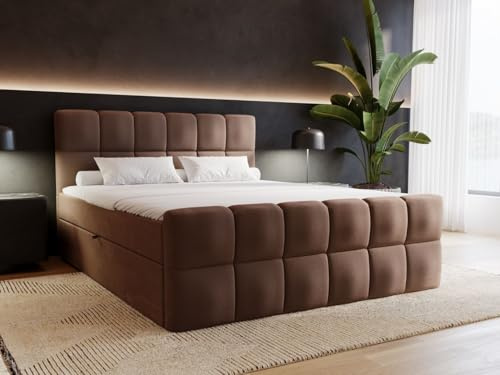 GRAINGOLD Alicante Bett, Boxspringbett mit Bettkasten, Polsterbett mit Bonell-Matratze, Velvet-Stoff, mit Topper, mit Kopfteil (Braun, 160x200)