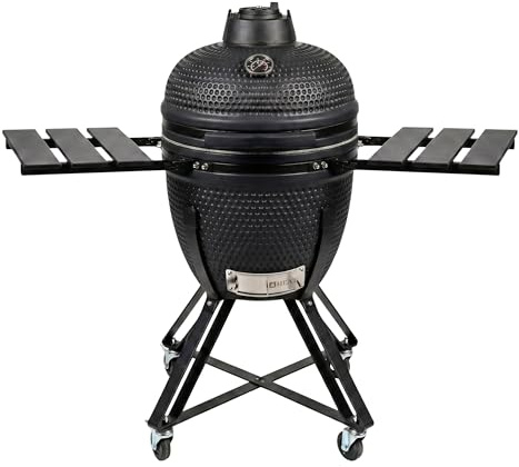 HEAT Premium Kamado Grill Fyregg – Keramikgrill Schwarz – Inkl. fahrbarem Untergestell, Seitentischen & Deflektorstein – Professioneller Holzkohlegrill & Smoker (Schwarz, 18 inch)