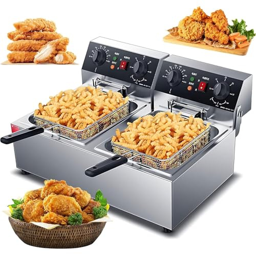 Commercial Deep Fat Fryer,20L Dual Tank Countertop Electric Oil Fryer with Basket And Lid,6000W Deep Fryer with 30 Minute Timer & Temperature Control,for Fried Chicken,Shrimp,Chips & More