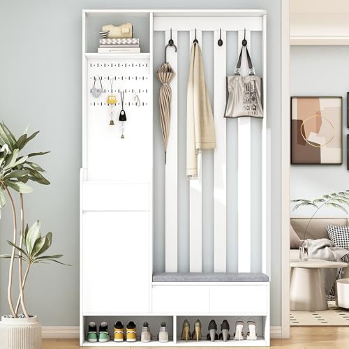 Merax Flurgarderobe Garderobenset mit Sitzbank, Schuhschrank, Stecktafel & 4 Haken, Moderne Flurmöbel für Flur & Diele, platzsparender Garderobenständer, Garderobenschrank Flur, 100x180 cm, Weiß