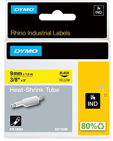 DYMO Rhino Industrie Schrumpfschlauch-Kabeletiketten | 9 mm, 1,5 m | Schwarz auf gelb | für DYMO Rhino Beschriftungsgerät