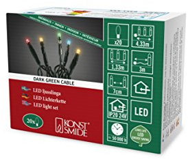 Konstsmide Micro LED Lichterkette, verschweißt, 20 bunte Dioden, 24V Innentrafo, dunkelgrünes Kabel - 6351-520