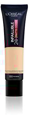 L'Oréal Paris Make up, Wasserfest und langanhaltend, Mattierende, flüssige Foundation mit hoher Deckkraft, Infaillible 24H Matte Cover, Nr. 130 Beige Peau/True Beige, 1 x 30 ml