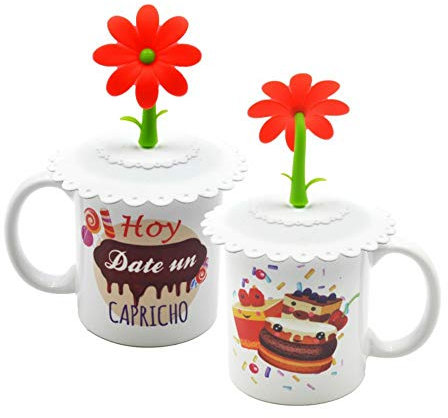 Lote de 2 Tazas de Porcelana Decorativas Multicolor con Tapa y Frase A Elegir. Recuerdos. Regalos Originales. Detalles de Bodas, Comuniones, Bautizos, Cumpleaños. CC (PASTELITOS)