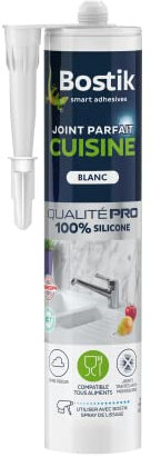 Bostik Mastic d’Étanchéité Joint Parfait Cuisine – Jointe Tous Matériaux – Sans Odeur – Traité Anti-Moisissures – Certifié Contact Alimentaire - Formule 100% Silicone – Couleur : Blanc – 280 ml