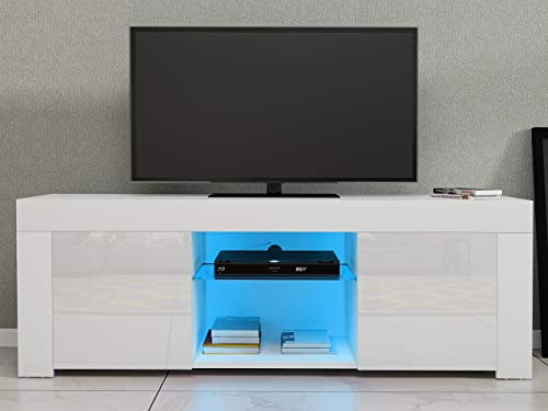 Panana TV Unit Cabinet Sideboard Glass Shelf Storage Modern Stand Matt Body and High Gloss Doors 120CM with 16 Color RGB LED Lights (White)