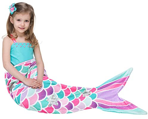 WERNNSAI Meerjungfrau Schwanzdecke für Kinder - Flanell Fleece Meerjungfrauen Decke für Mädchen Alle Jahreszeiten Weicher Meerjungfrau Flosse Decke Schlafsack Geburtstags Geschenke, 140 x 60cm