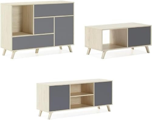 Skraut Home | Ensemble Buffet + Meuble TV + Table Basse pour Salon | Modèle Wind | Ensemble Salle à Manger | Structure Résistante | Montage Facile | Finition Puccini/Gris