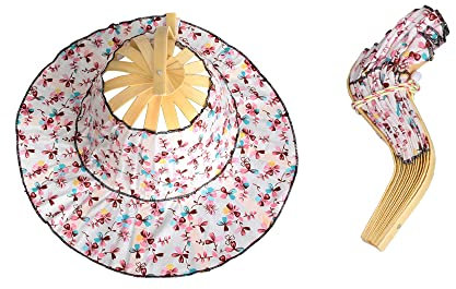2 in 1 Portable Bamboo Sun Hat for Women, Flower Pattern Hand Fan Summer Foldable Beach Hat for Travel Outdoor, Beige Floral, One Size