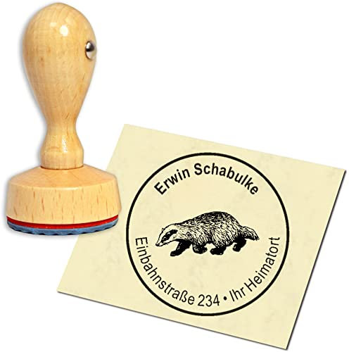Stempel Adressstempel Holzstempel - Dachs - rund ∅ 40mm personalisiert als Firmenstempel Namensstempel Bürostempel