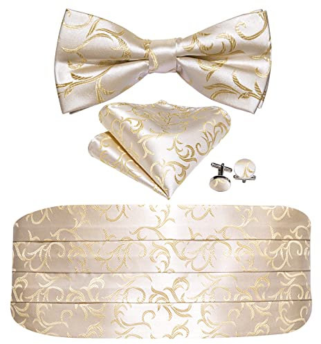 Barry.Wang Kummerbund Fliege Set für Herren Seide Kummerbund Vorgebundene Fliege Einstecktuch Manschettenknöpfe, Beige/Weiß, Einheitsgröße