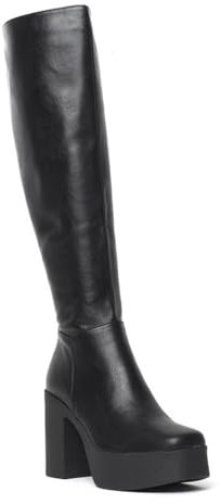 LAMODA Women's Slick Nicks Wide Fit Knee High Platform Boot, Black Pu, 3 UK, Casual Knee High Boots with Block Heel and Side Zipper, Winter Long Boot