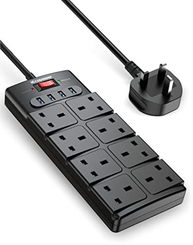 IECOPOWER 8 Way Extension Lead Surge Protection, 1050 Joules, 13A/ 3250W Power Strip Surge Protector with 4 USB Slots, Wall Mount Multi Socket Plug Extension Cord 1.5m Black