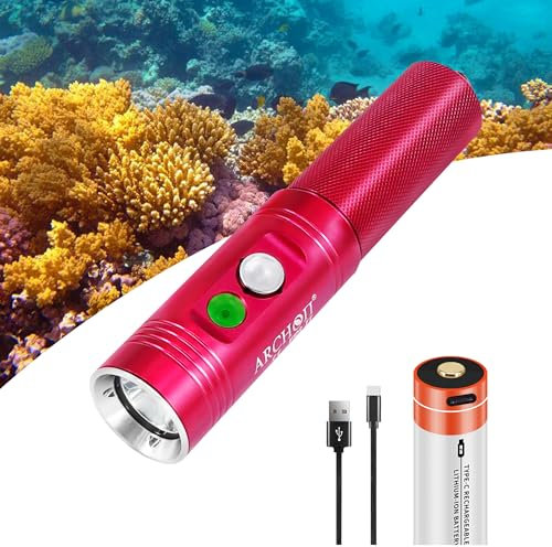 ARCHON V10S - Linterna de buceo subacuática, 1200 lúmenes, impermeable, con indicador de alimentación y cargador USB, lámpara roja para iluminación subacuática