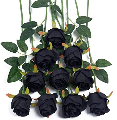 DuHouse 10pcs Artificial Silk Roses Flowers Single Long Stem Fake Rose Bouquet for Wedding Home Party Decoration Centerpieces(Black)