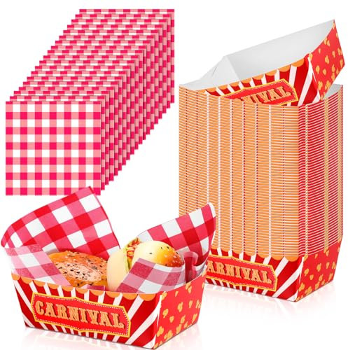 100 Pcs Carnival Party Supplies 1.1 lb 50 Food Trays Boats with 50 Grease Waxed Deli Paper Carnival Nacho Trays Popcorn Hot Dog Trays Basket Food Holder for Carnival Birthday Decoration Assembled