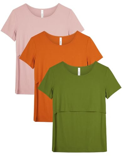 Sosolism 3er Pack Stillen Tshirt Kurzarm Stillshirt Sommer Rundhals Brusternährung Oberteil Freizeit Stilltop Postpartale Damen Rosa, Orange, Olivgrün, Mittel