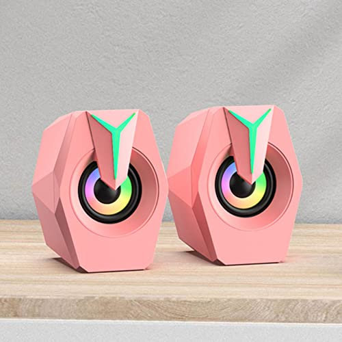 USB Powered Speaker, Compact Wired Speakers for PC Desktop with RGB Lights and Volume Control, HiFi Subwoofer Sound, Multi Vibration Membrane Technology (Pink)