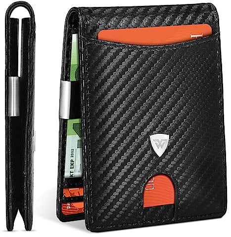 WONSEFOO Portefeuille Homme Slim en Fibre de Carbone avec Blocage RFID et Emplacements pour Cartes de Crédit, Clip de Billets, Portefeuille Minimaliste Bi-Fold avec Boîte Cadeau - Noir