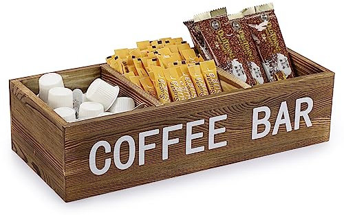 IGNPION 3-Compartment Wooden Storage Desktop Basket with Adjustable Dividers - Coffee Bar Station Organiser Box for Napkin, Coffee Capsules, Sweetener, Condiments