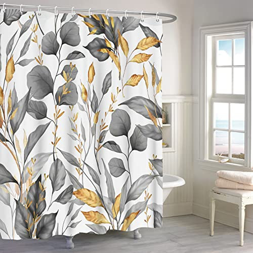MIRRORANG Rideau de Douche de Plante, Feuille Noire Plante Fleur Branche Arbre Rideau de Douche, Printemps Automne Feuille Jaune Rideau de Douche Naturel 12 Crochet Set,183x183cm