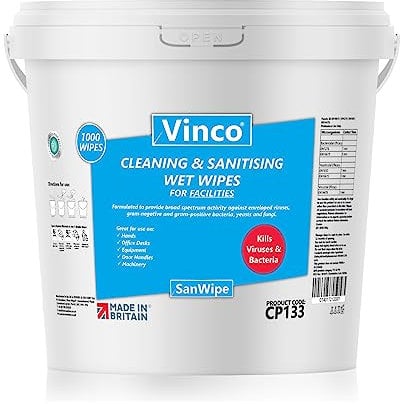 Vinco-SanWipe, Wet Wipes for Cleaning, Disinfecting & Sanitising, 1000 Large Wipes per bucket, Antibacterial & Antiviral. Kills 99.99% of Germs